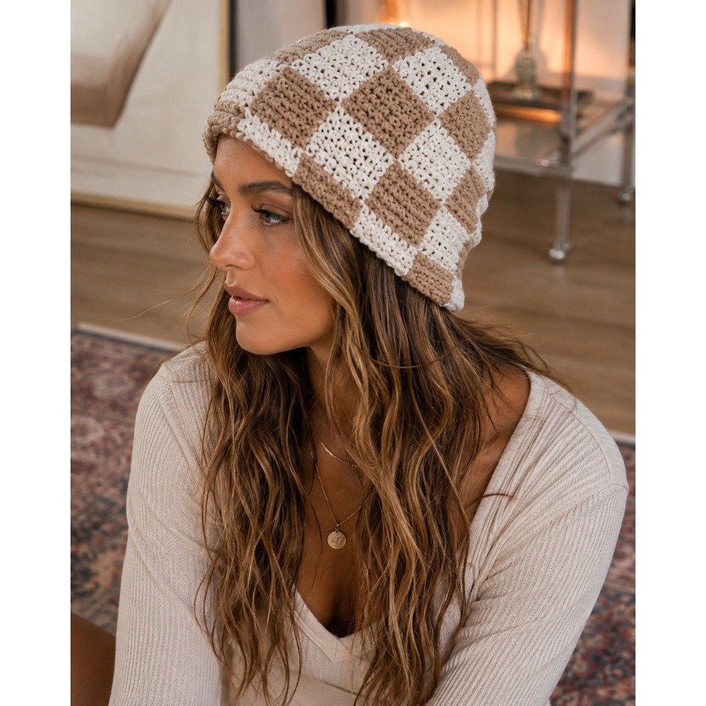 Tan and Cream Checkered Crochet Bucket Hat Boho Knit Festival Sun Cap